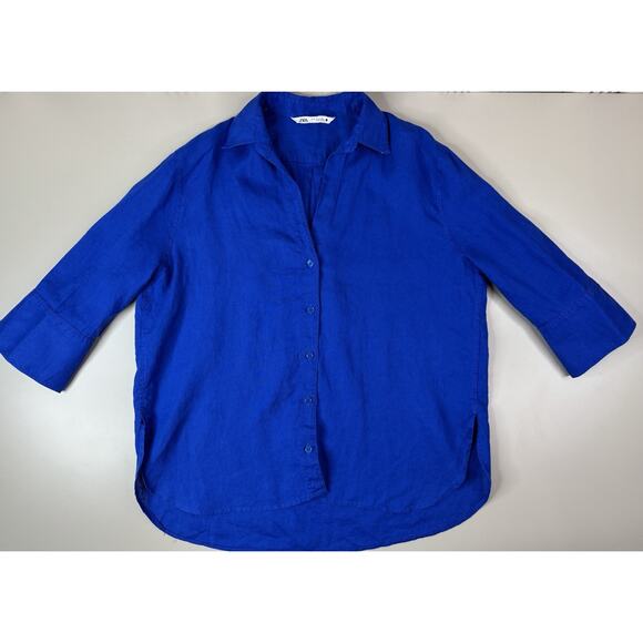 ZARA 100% Linen Oversized Button Down Shirt Women’s XS Royal Cobalt Blue Beachy - Picture 5 of 15